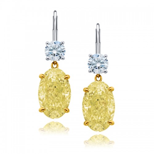 Platinum and 18K Yellow Gold Oval Fancy Light Yellow Diamond Certified Earrings