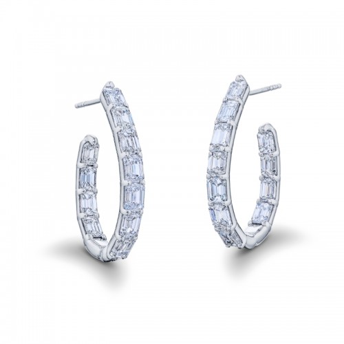 Platinum Emerald-Cut Diamond Hoop Earrings