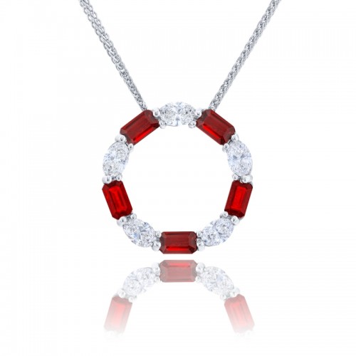 Platinum Emerald-Cut Ruby Circle Pendant