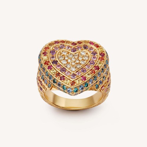 Rainbow Pavé Cuore Ring 18k Yellow Gold