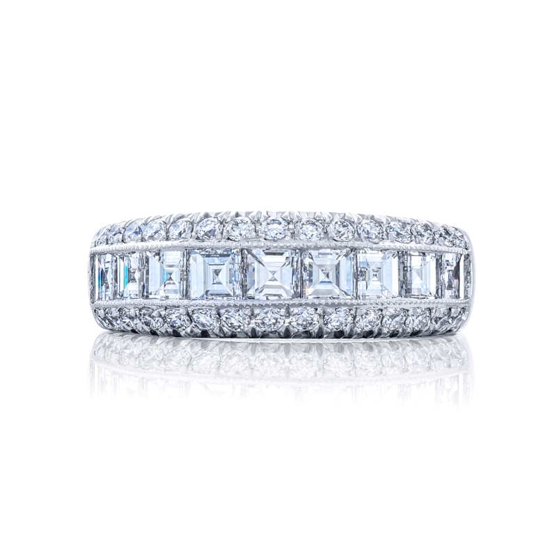Platinum Square Emerald-Cut Diamond Single-Row Channel Set Micro Pav&eacute; Band