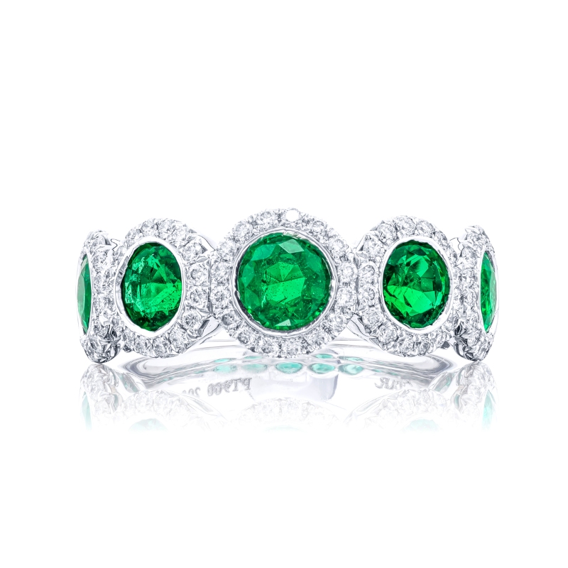 Platinum Round Emerald Single-Row Bezel Set Micro Pav&eacute; Band