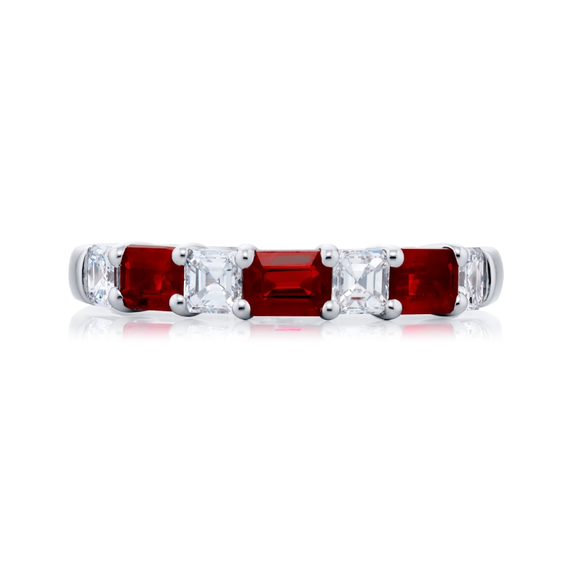 Platinum Emerald-Cut Ruby and Square Emerald-Cut Diamond Single-Row East-West Band
