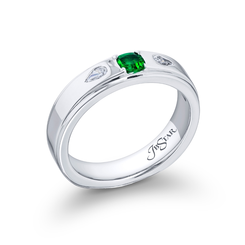 Platinum Cushion-Cut Emerald and Pear-Shaped Diamond Single-Row Men's Wedding Band