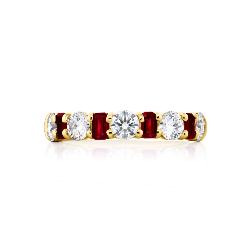 18K Yellow Gold Emerald-Cut Ruby and Round Diamond Single-Row Band