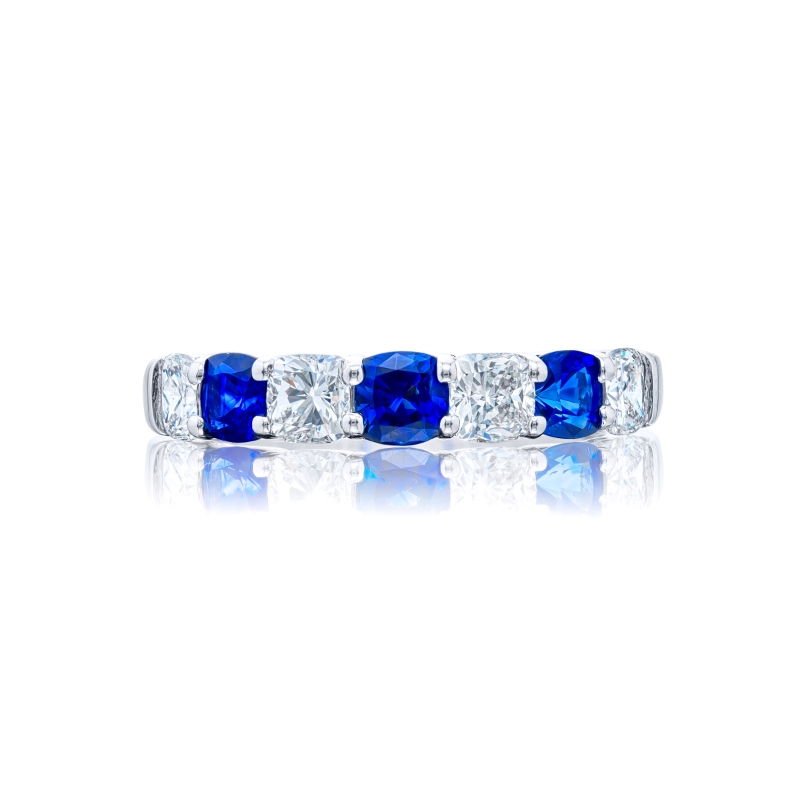 Platinum Cushion-Cut Sapphire and Diamond Single-Row Band