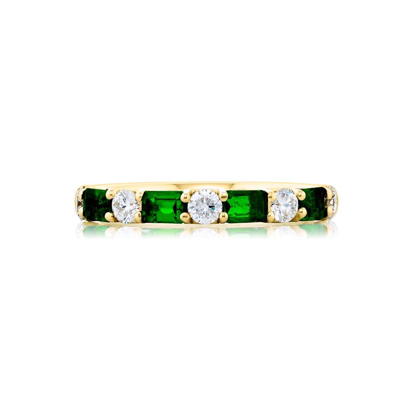 18K Yellow Gold Emerald-Cut Emerald and Round Diamond Single-Row East-West Band