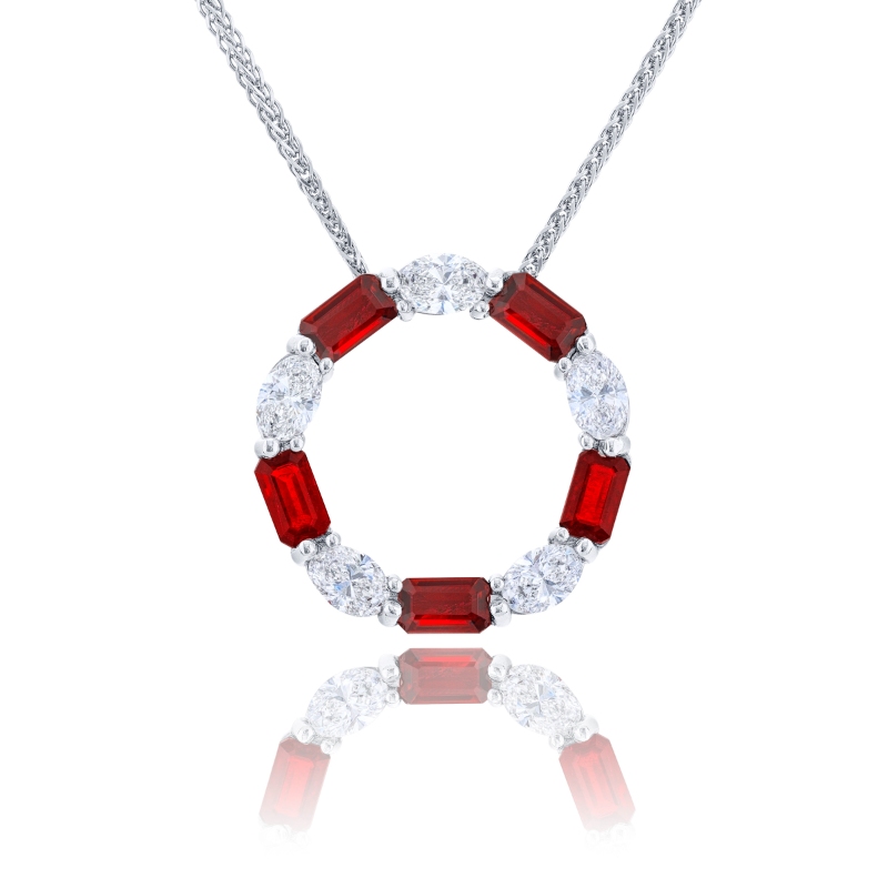 Platinum Emerald-Cut Ruby Circle Pendant
