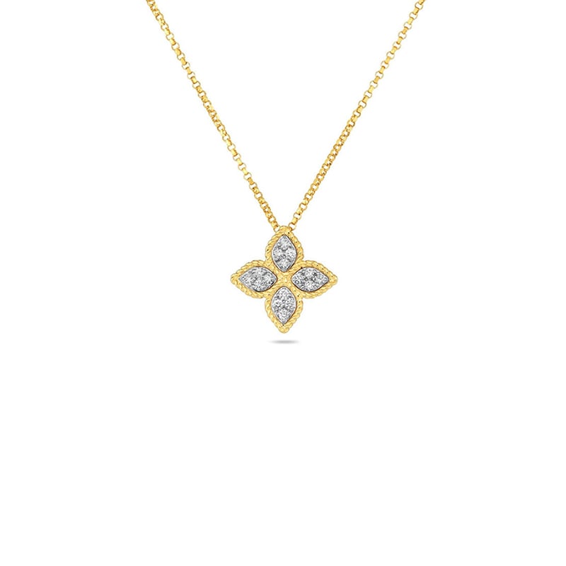 Roberto Coin 18K Yellow And White Gold Rhodium Plated Princess Flower Medium Diamond Flower Pendant Necklace