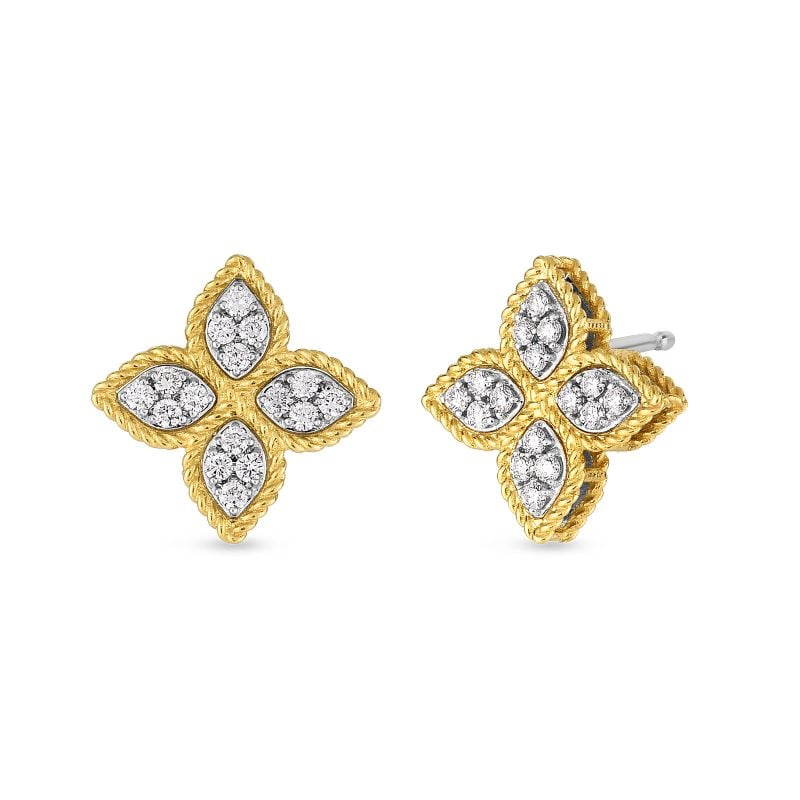 Roberto Coin 18K Yellow And White Rhodium Plated Gold Princess Flower Medium Diamond Flower Stud Earrings
