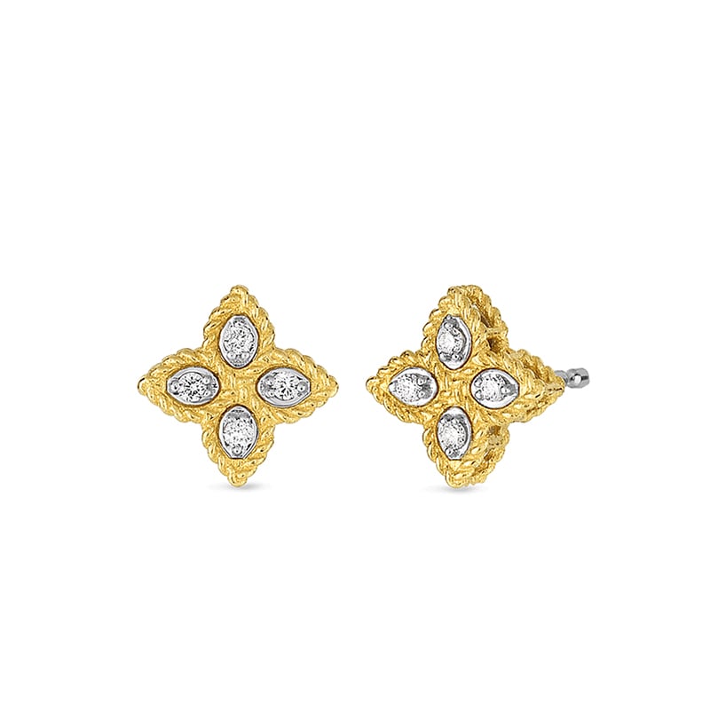 Roberto Coin 18K Yellow And White Rhodium Plated Gold Princess Flower Small Diamond Flower Stud Earrings