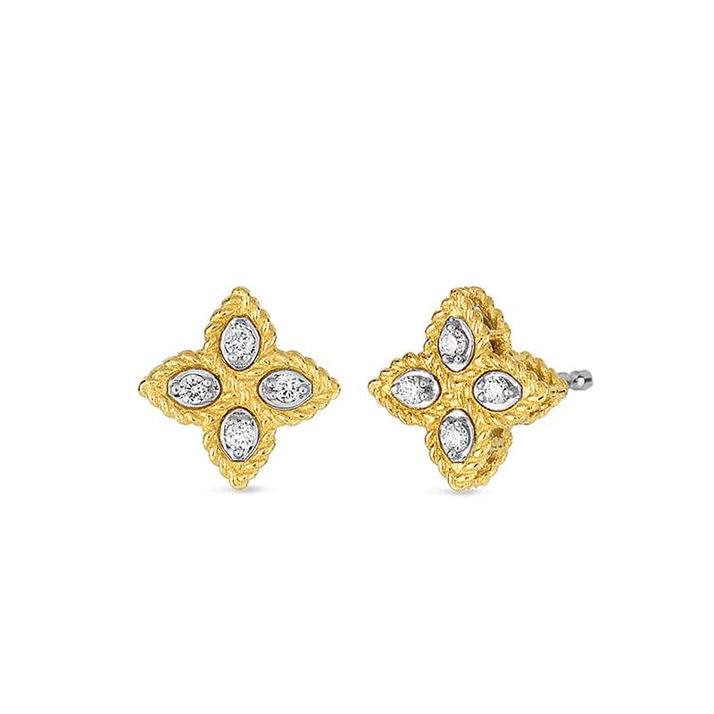 Roberto Coin 18K Yellow And White Rhodium Plated Gold Princess Flower Small Diamond Flower Stud Earrings