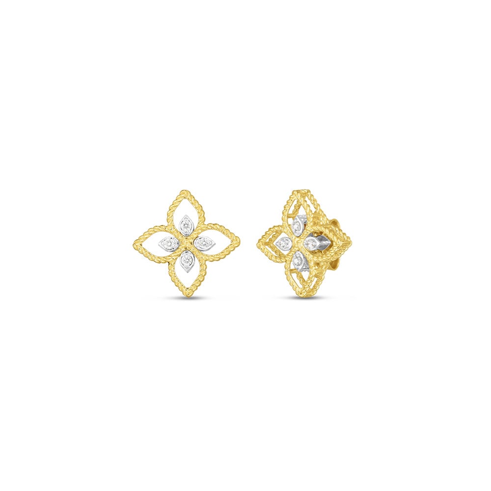 Roberto Coin 18K Yellow And White Rhodium Plated Gold Princess Flower Principessa Diamond Flower Stud Earrings