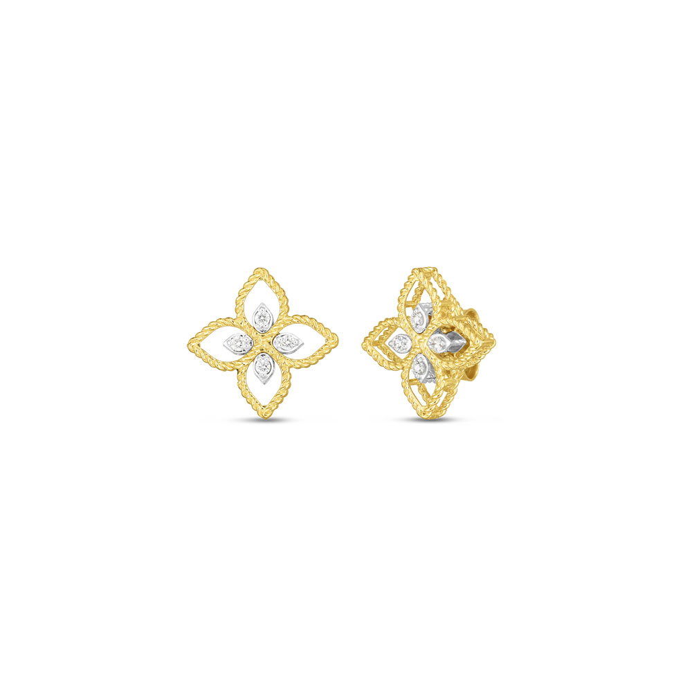 Roberto Coin 18K Yellow And White Rhodium Plated Gold Princess Flower Principessa Diamond Flower Stud Earrings