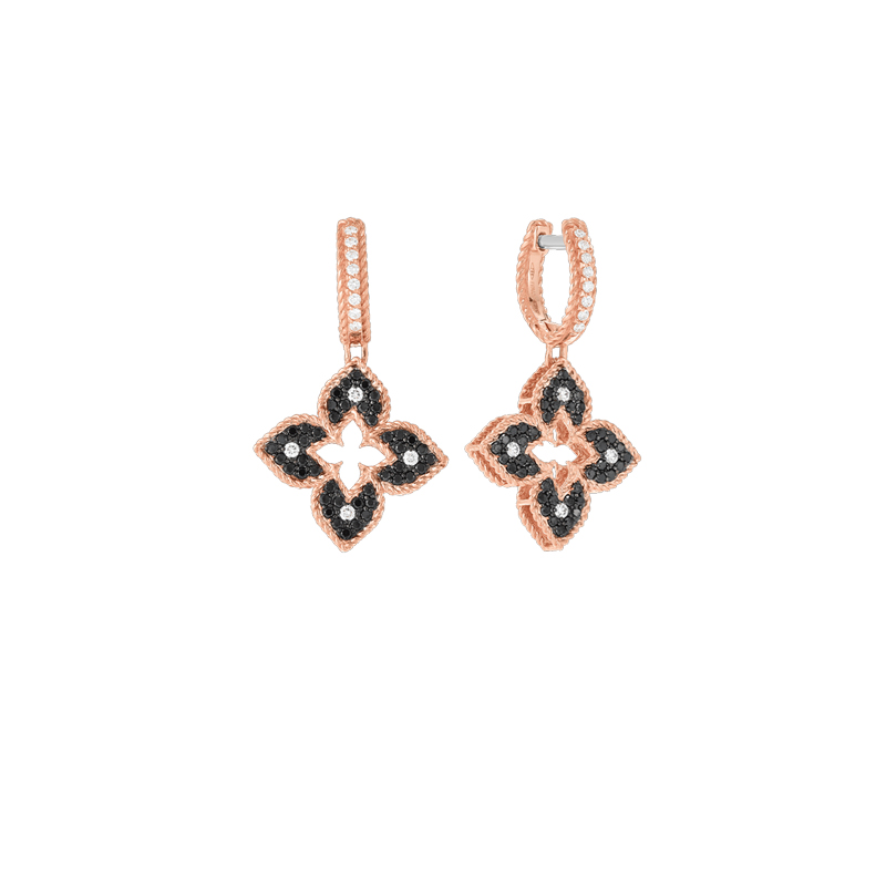 Roberto Coin 18K Rose Gold Venetian Princess Black And White Diamond Flower Drop Earrings