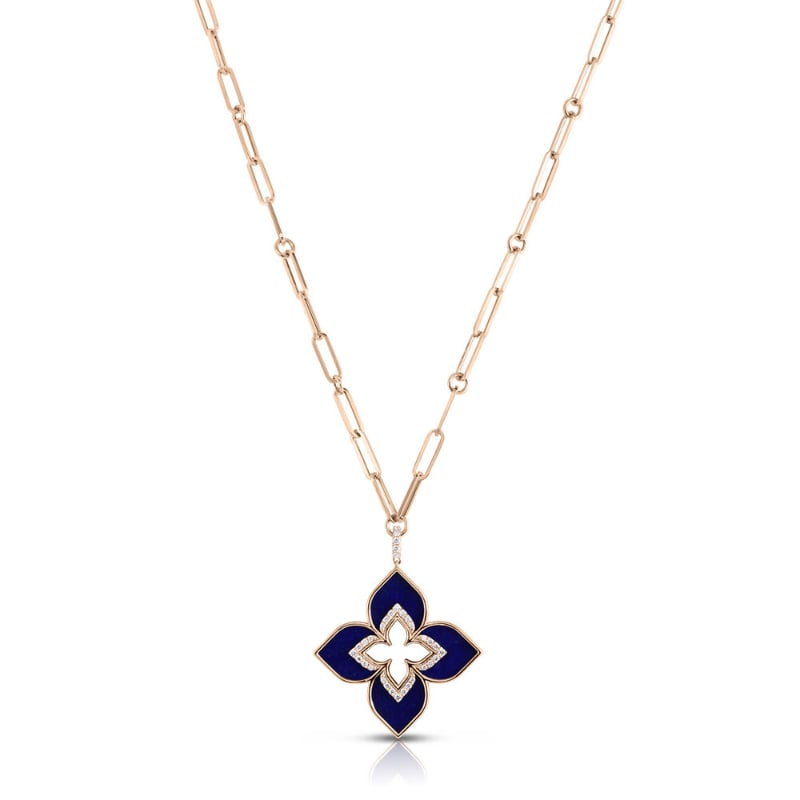 Roberto Coin 18K Rose Gold Venetian Princess Large Lapis And Diamond Flower Pendant On Paperclip Chain