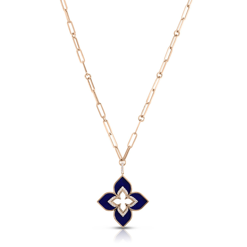 Roberto Coin 18K Rose Gold Venetian Princess Large Lapis And Diamond Flower Pendant On Paperclip Chain