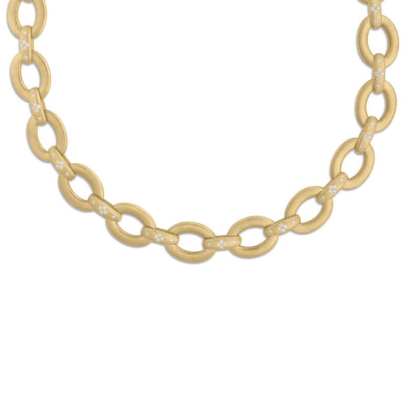 Roberto Coin 18K Yellow Gold Duchessa Small Oval Link Diamond Satin Finish Collar Necklace