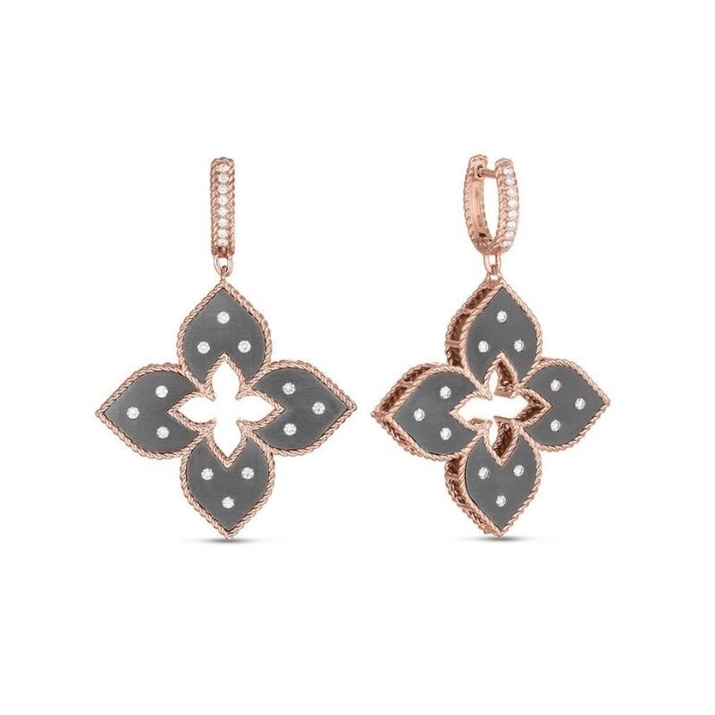 Roberto Coin 18K Rose Gold Venetian Princess Large Grey Titanium Diamond Flower Drop Earrings