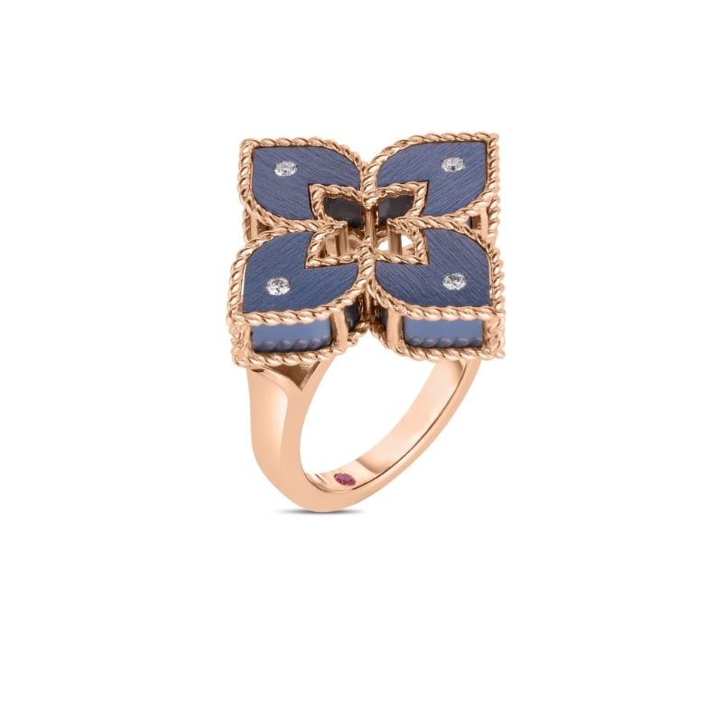 Roberto Coin 18K Rose Gold Diamond Blue Titanium Venetian Princess Ring