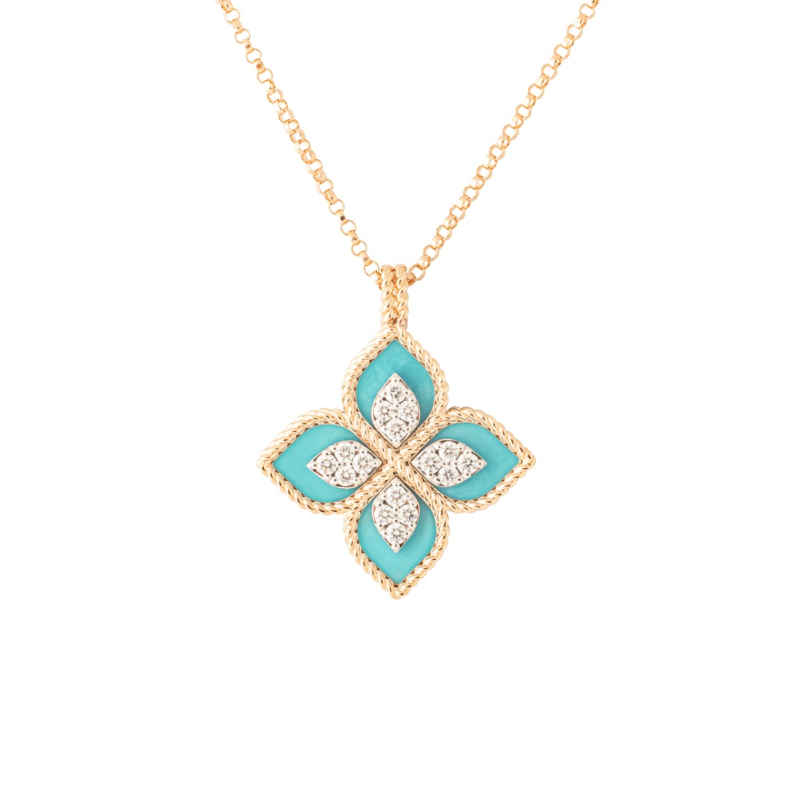 Roberto Coin 18K Yellow And White Rhodium Plated Gold Princess Flowere Turquoise And Diamond Flower Pendant