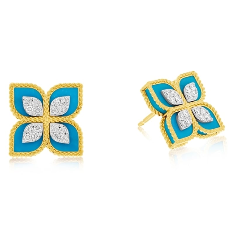 Roberto Coin 18K Yellow And White Rhodium Plated Gold Princess Flower Turquoise And Diamond Flower Stud Earrings