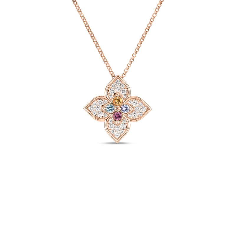 Roberto Coin 18K Rose Gold Venetian Princess Carnival Pave Diamond And Mixed Stones Large Flower Necklace